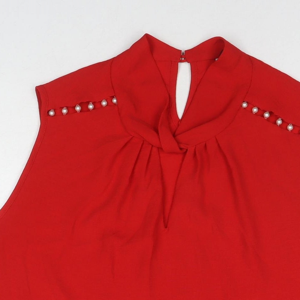 Dorothy Perkins Womens Red Polyester Basic Tank Size 14 Round Neck - Pearl Detail