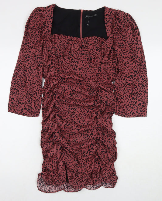 Zara Womens Red Animal Print Cotton A-Line Size L Square Neck Pullover