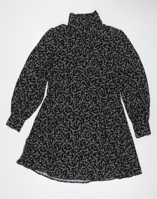 Marks and Spencer Womens Black Floral Polyester Fit & Flare Size 12 Collared Button