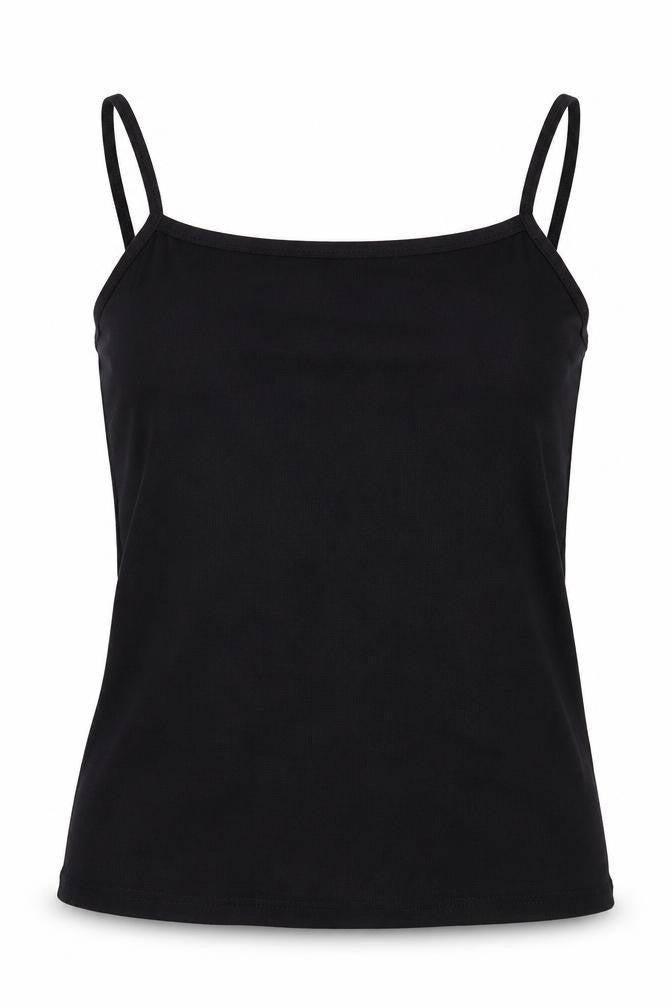 Front view of ASOS women’s black polyester basic tank, size UK 6, round neck
