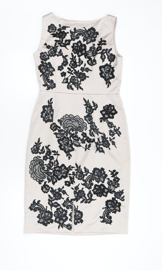 Coast Womens Beige Floral Polyester Bodycon Size 12 Boat Neck Zip