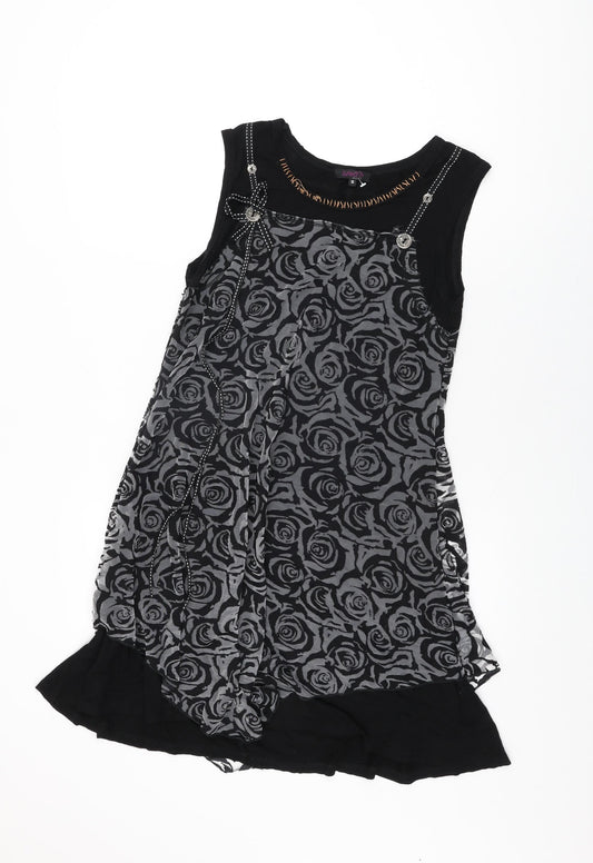Stella Womens Black Floral Viscose Shift Size 10 Round Neck Pullover