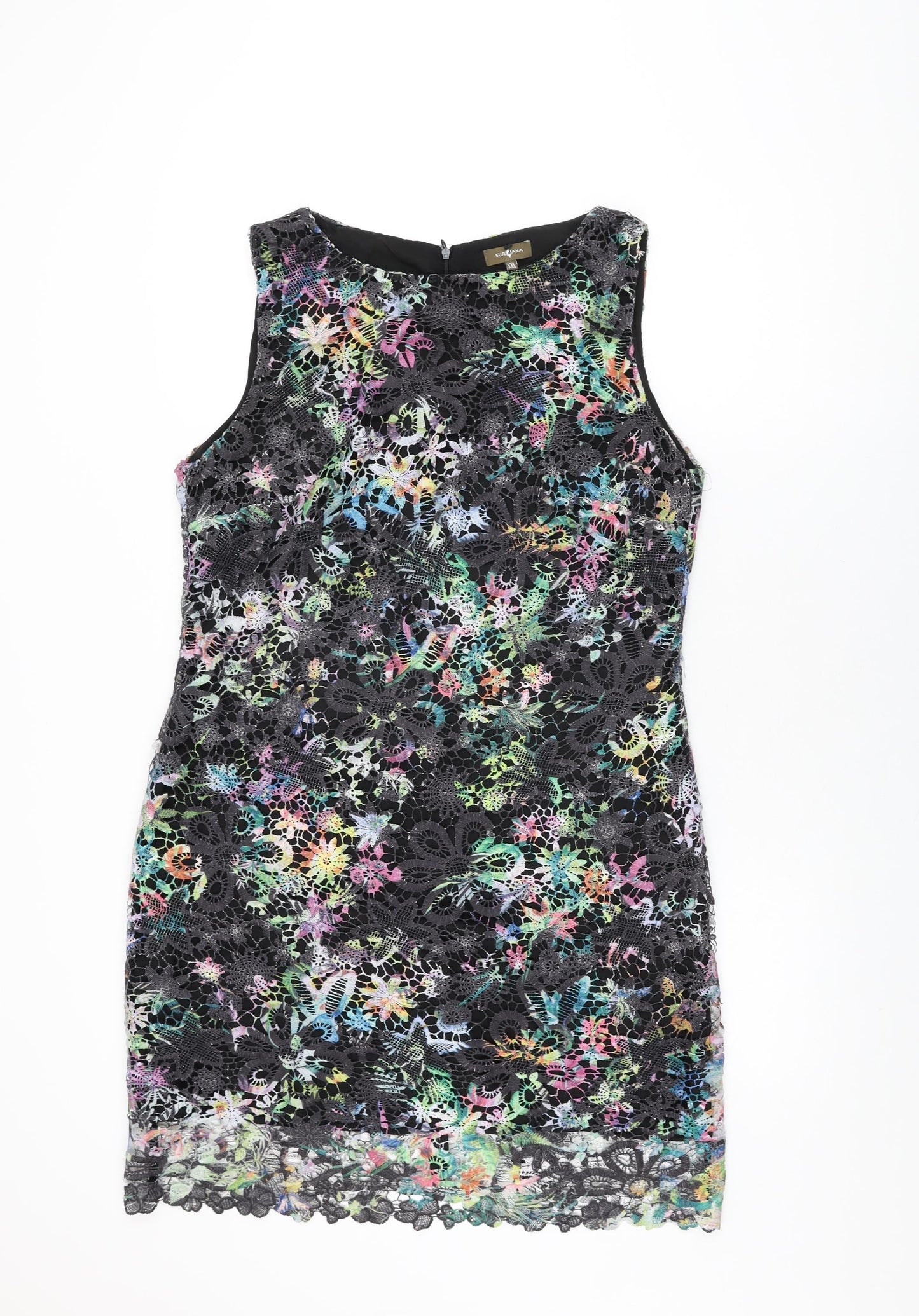 Surkana Womens Black Floral Polyester Shift Size 2XL Boat Neck Zip