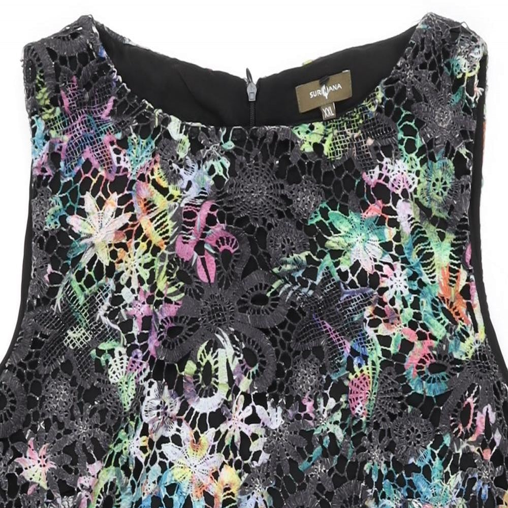 Surkana Womens Black Floral Polyester Shift Size 2XL Boat Neck Zip