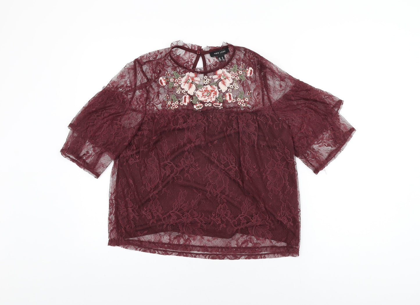 New Look Womens Red Floral Nylon Basic T-Shirt Size 16 Round Neck