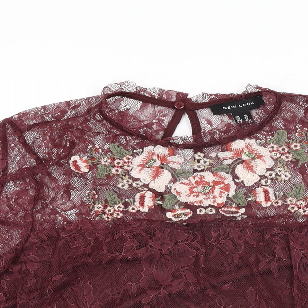 New Look Womens Red Floral Nylon Basic T-Shirt Size 16 Round Neck