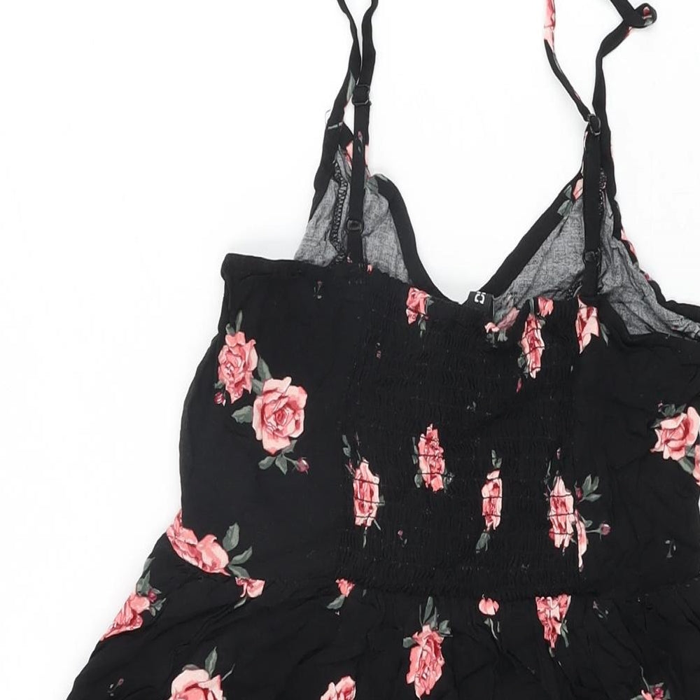 H&M Womens Black Floral Viscose Mini Size 10 V-Neck Pullover