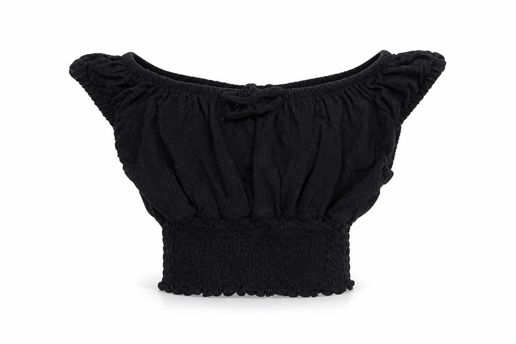 Front view of Miss E-Vie girls’ black cotton cropped t-shirt, size 7-8, years off the shoulder pullover