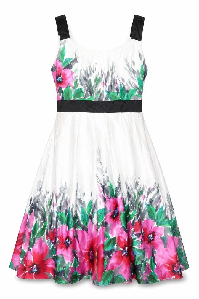 BHS Womens White Floral Polyester A-Line Size 14 Round Neck Zip