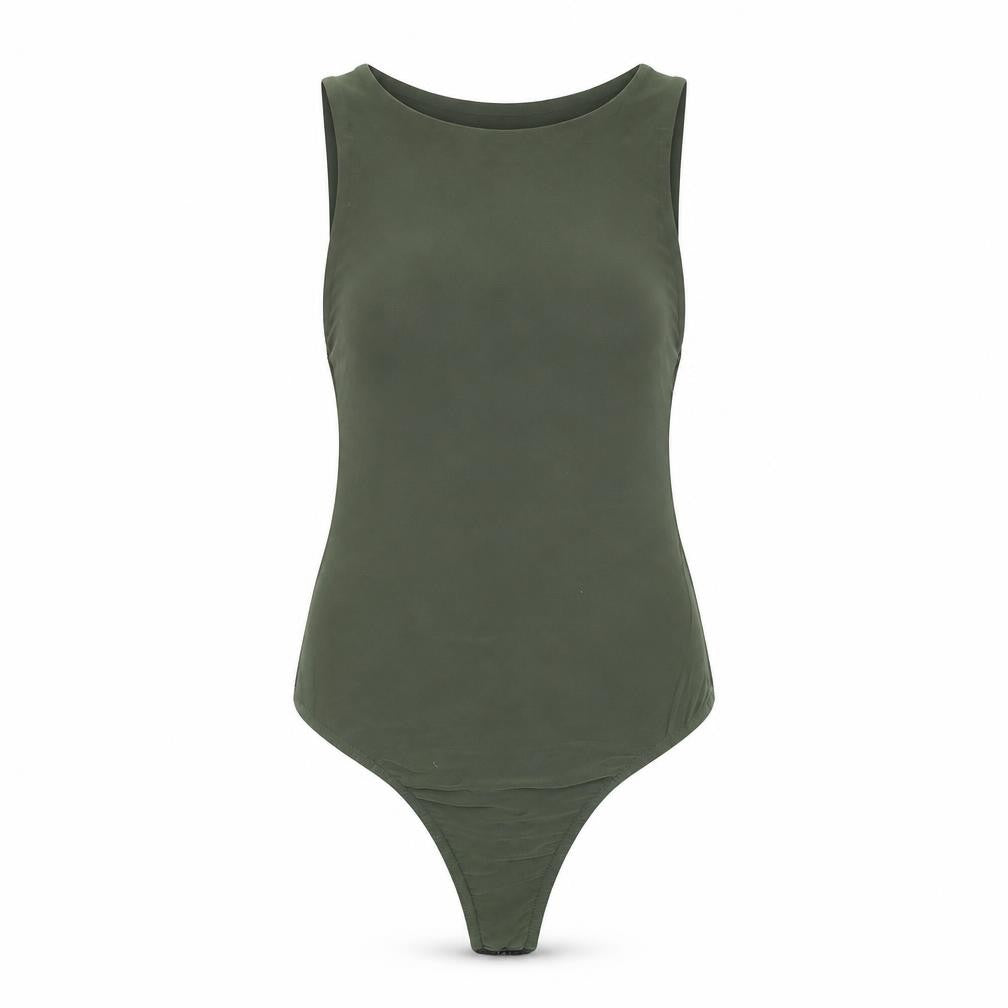 Front view of Missguided women’s green polyester bodysuit one-piece, size UK 6, snap