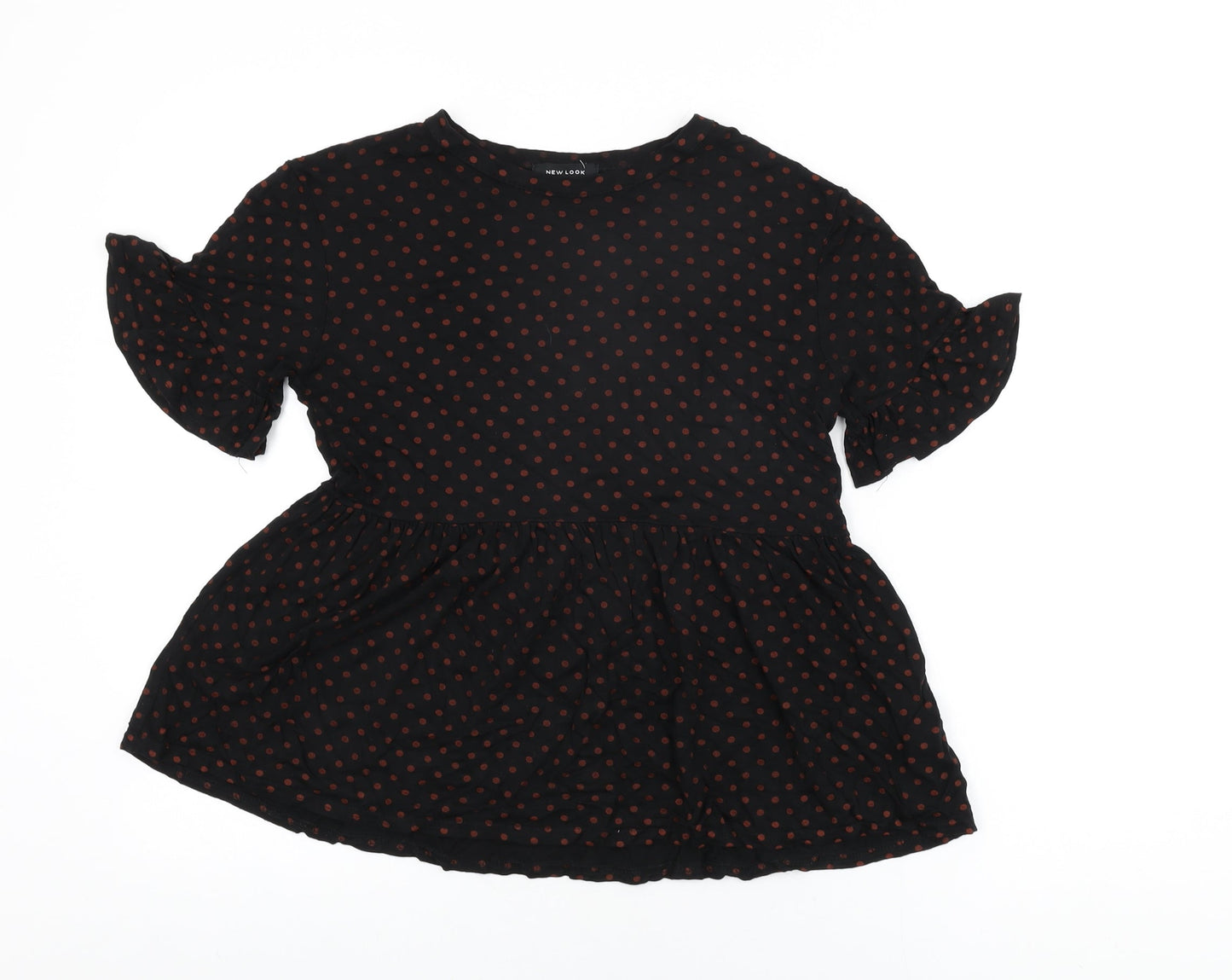 New Look Womens Black Polka Dot Viscose Basic T-Shirt Size 8 Round Neck