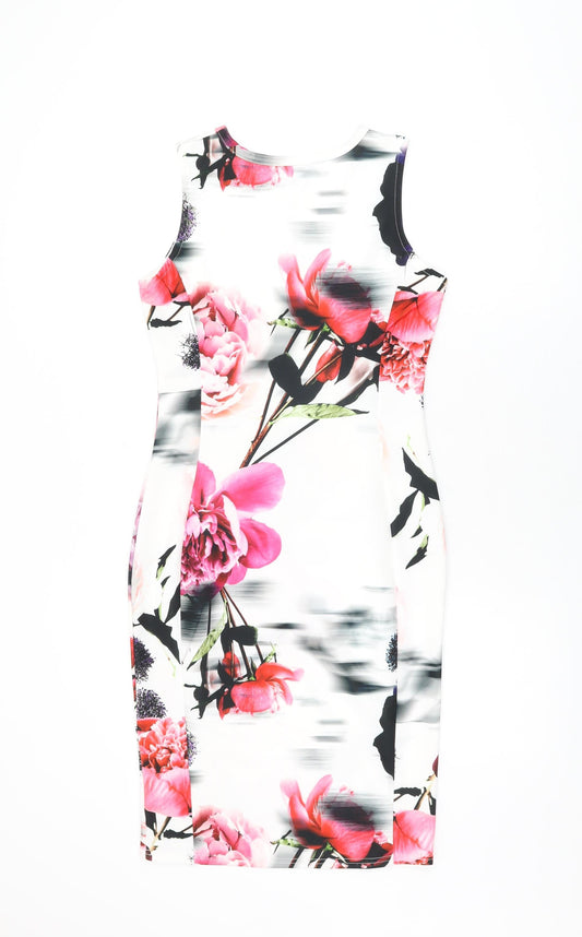 Quiz Womens White Floral Polyester Bodycon Size 10 Round Neck Pullover