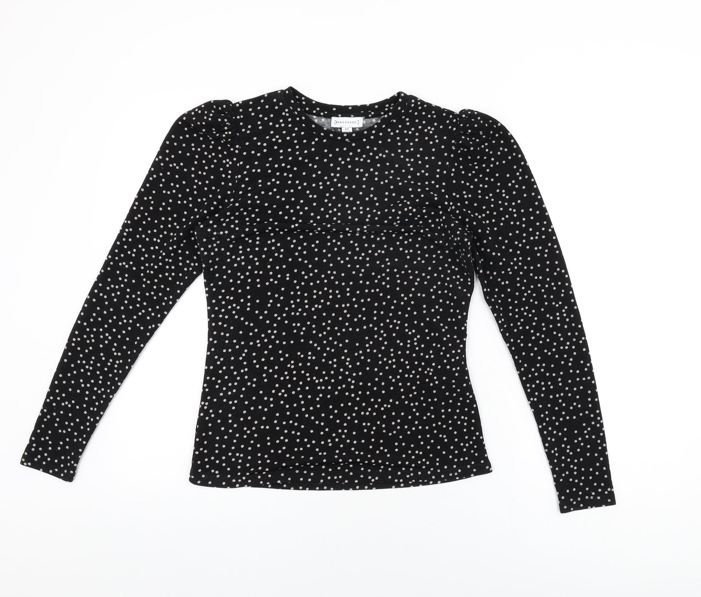 Warehouse Womens Black Polka Dot Polyester Basic T-Shirt Size 10 Round Neck