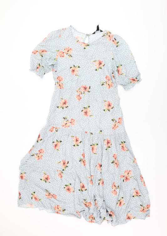 New Look Womens Blue Floral Viscose A-Line Size 8 Round Neck Button