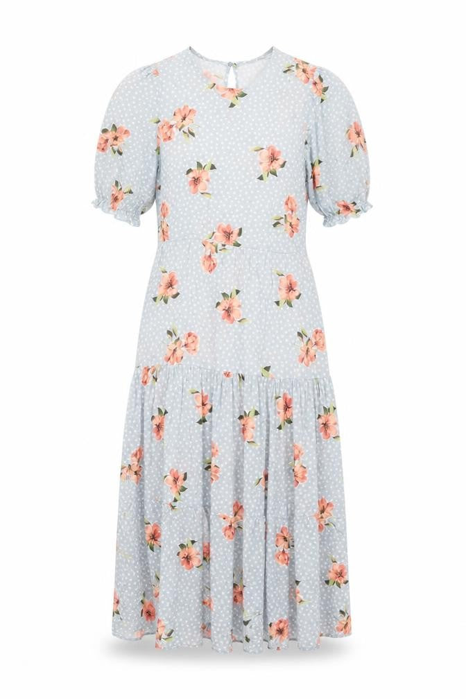 New Look Womens Blue Floral Viscose A-Line Size 8 Round Neck Button