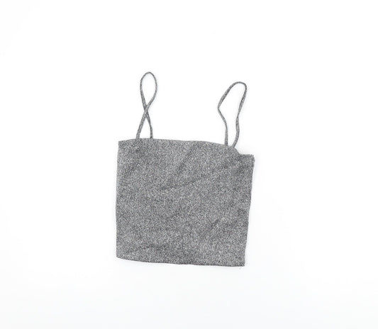 Monki Womens Silver Polyester Cropped T-Shirt Size M Square Neck