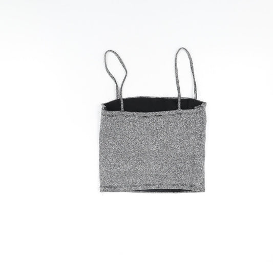 Monki Womens Silver Polyester Cropped T-Shirt Size M Square Neck