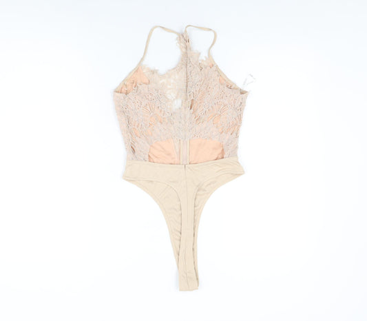 Rare London Womens Beige Floral Polyamide Bodysuit One-Piece Size 10 Zip