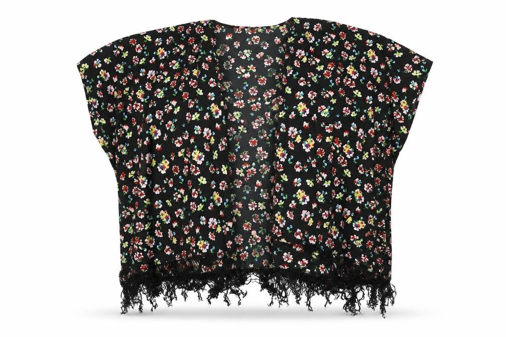 YD Girls Black Floral Polyester Kimono T-Shirt Size 9-10 Years V-Neck Pullover