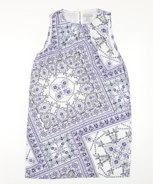 H&M Womens Blue Geometric Polyester A-Line Size 12 Round Neck Button