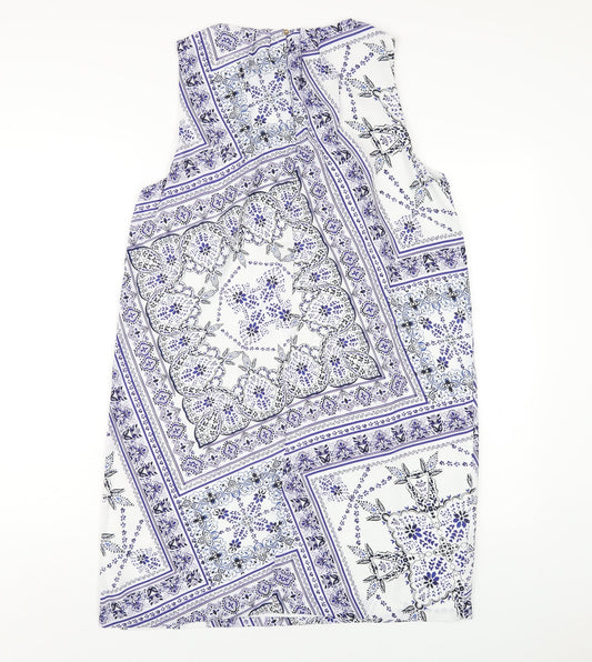 H&M Womens Blue Geometric Polyester A-Line Size 12 Round Neck Button