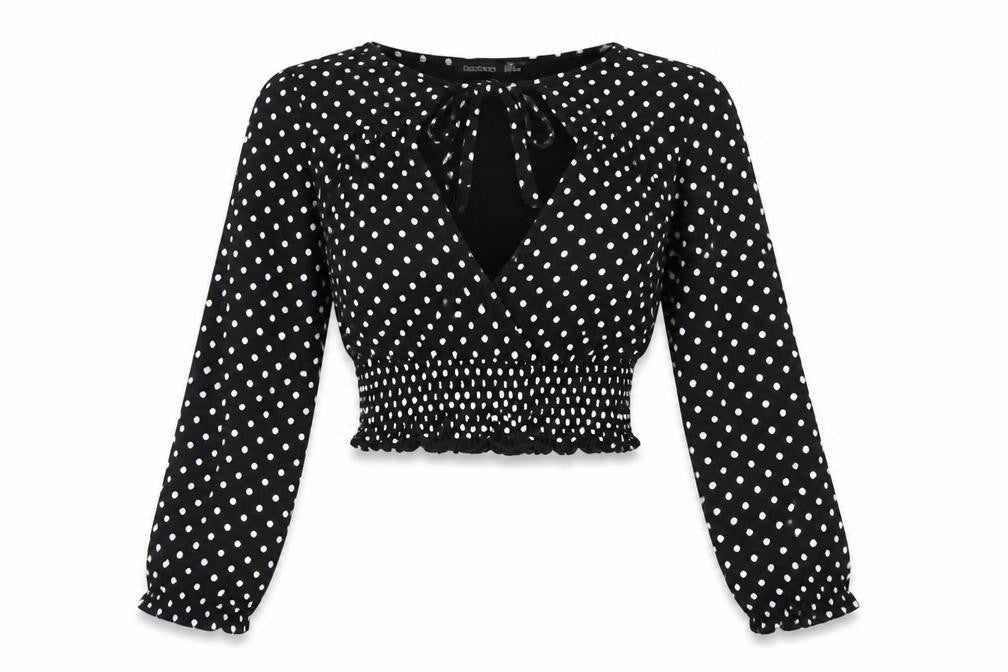 Boohoo Womens Black Polka Dot Viscose Cropped T-Shirt Size 8 Round Neck
