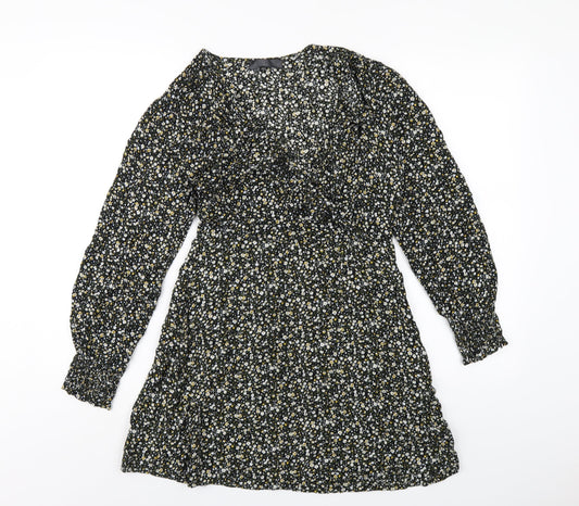 Missguided Womens Black Floral Viscose A-Line Size 8 V-Neck Zip