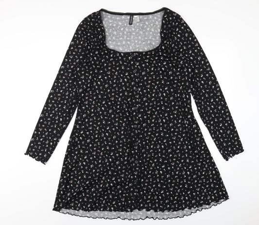 H&M Womens Black Floral Polyester A-Line Size 2XL Square Neck Pullover