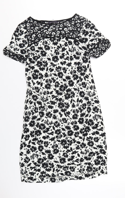 Marks and Spencer Womens White Floral Viscose A-Line Size 10 Round Neck Zip