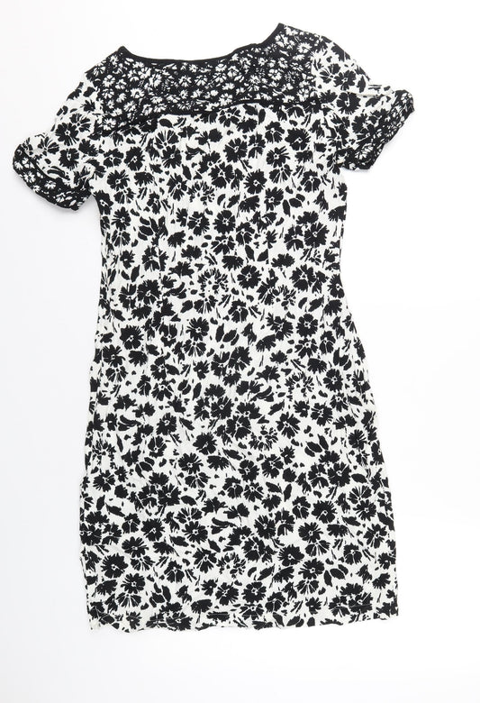 Marks and Spencer Womens White Floral Viscose A-Line Size 10 Round Neck Zip