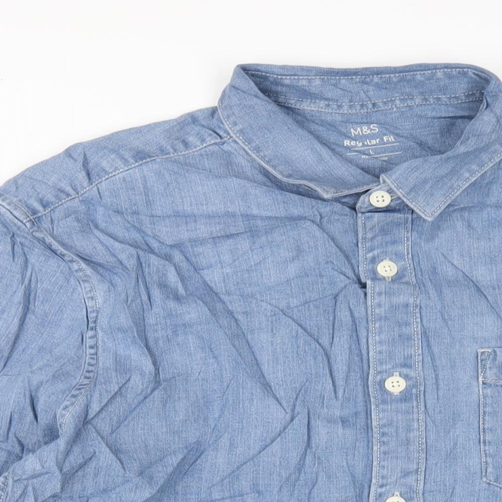 Marks and Spencer Mens Blue Cotton Button-Up Size L Collared Button