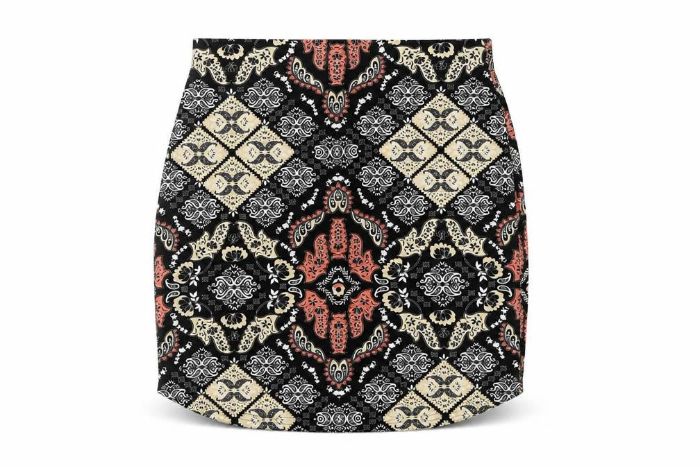 Front view of Missguided women’s multicoloured geometric polyester mini skirt, size UK 6