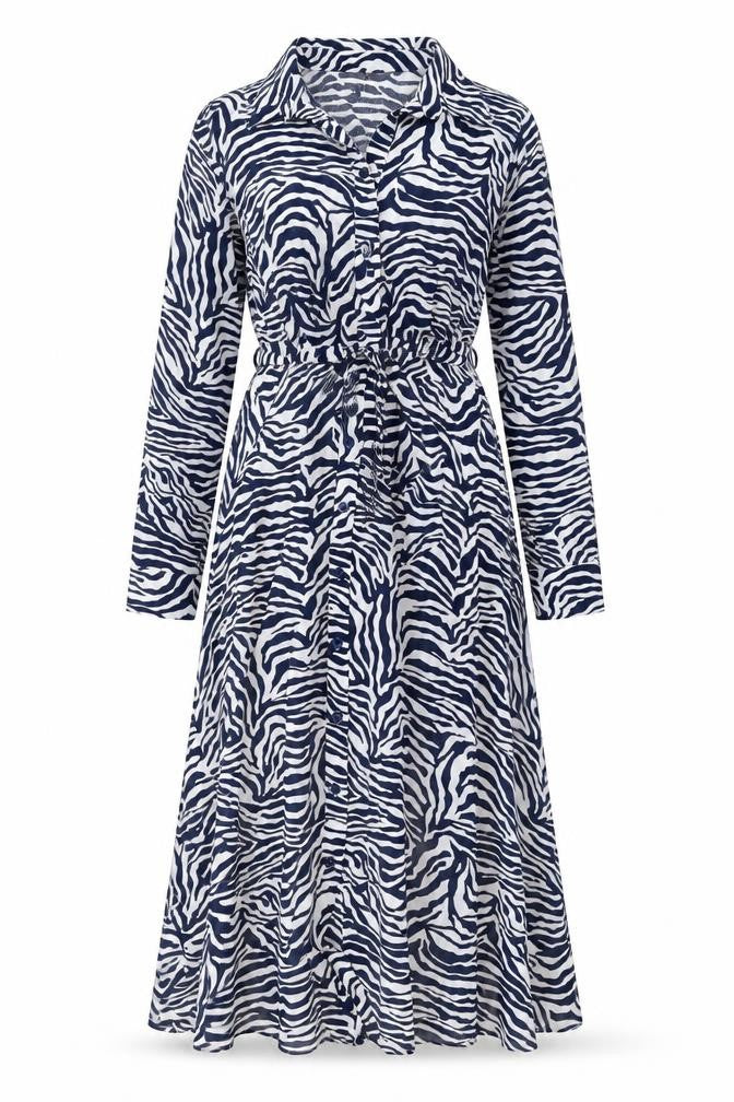 Sonsandar Womens Blue Animal Print Viscose A-Line Size 10 Collared Button