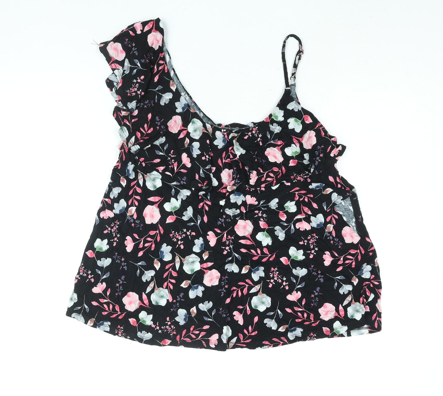 Very Womens Black Floral Viscose Basic Blouse Size 16 Scoop Neck - Frill