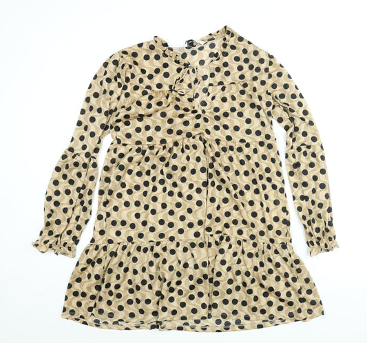 Stradivarius Womens Beige Polka Dot Polyester A-Line Size L Round Neck Tie - Smocked Keyhole Neck