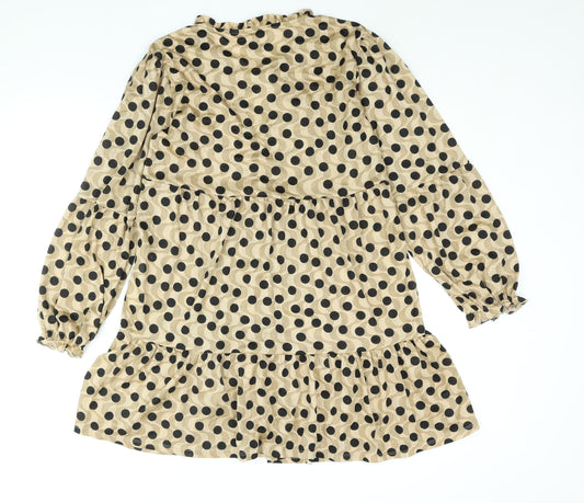 Stradivarius Womens Beige Polka Dot Polyester A-Line Size L Round Neck Tie - Smocked Keyhole Neck