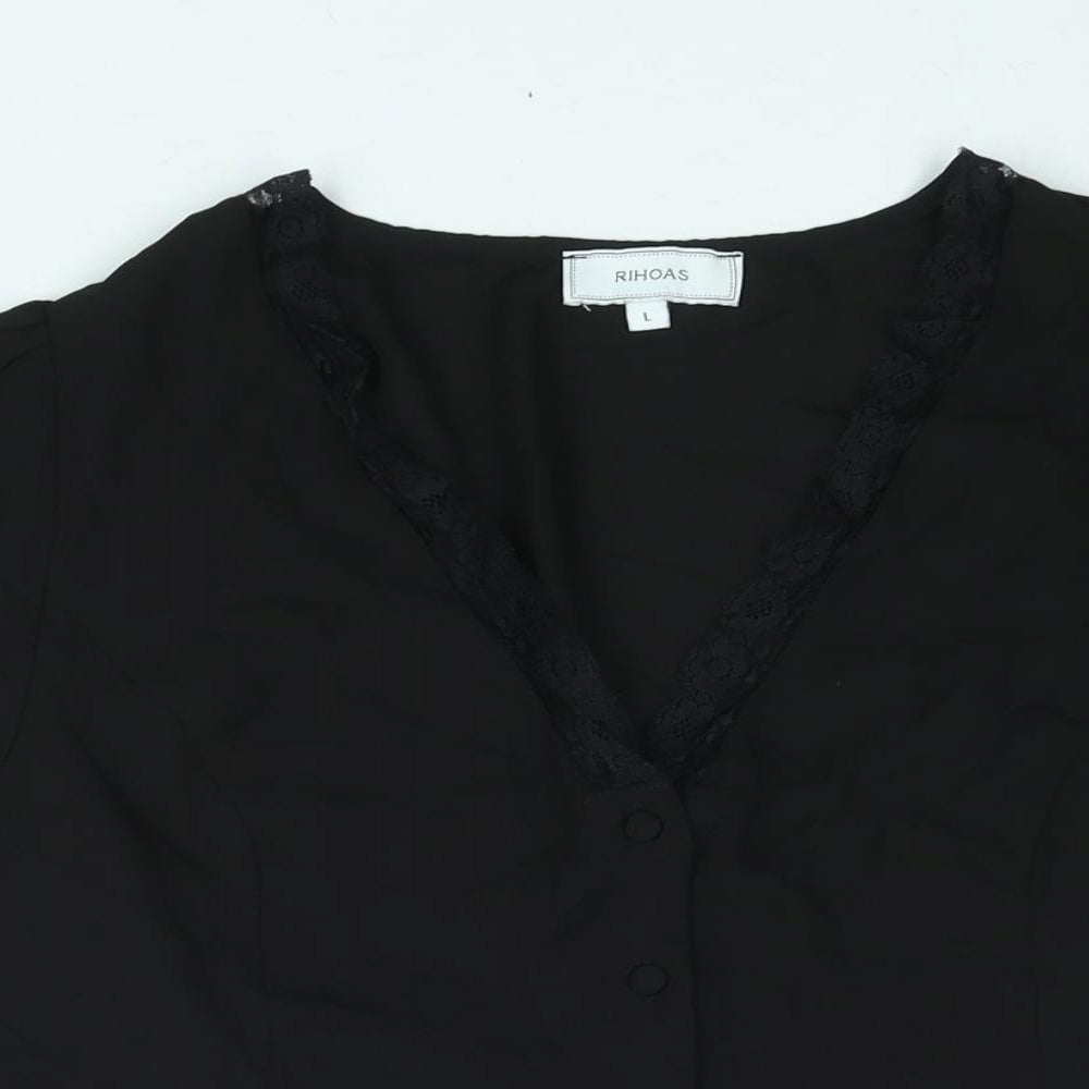 Rihoas Womens Black Polyester Basic Blouse Size L V-Neck - Lace Trim