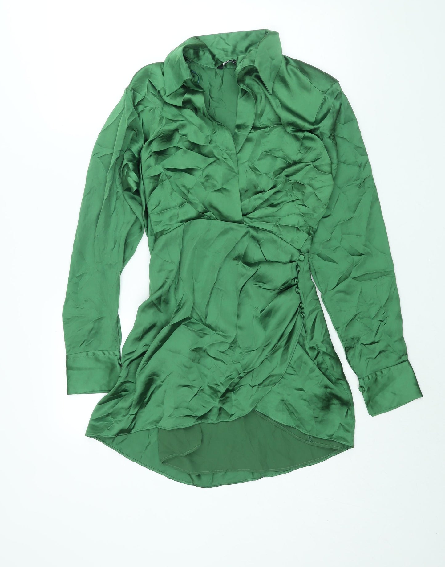Zara Womens Green Polyester Shirt Dress Size S Collared Zip - Rouched Button