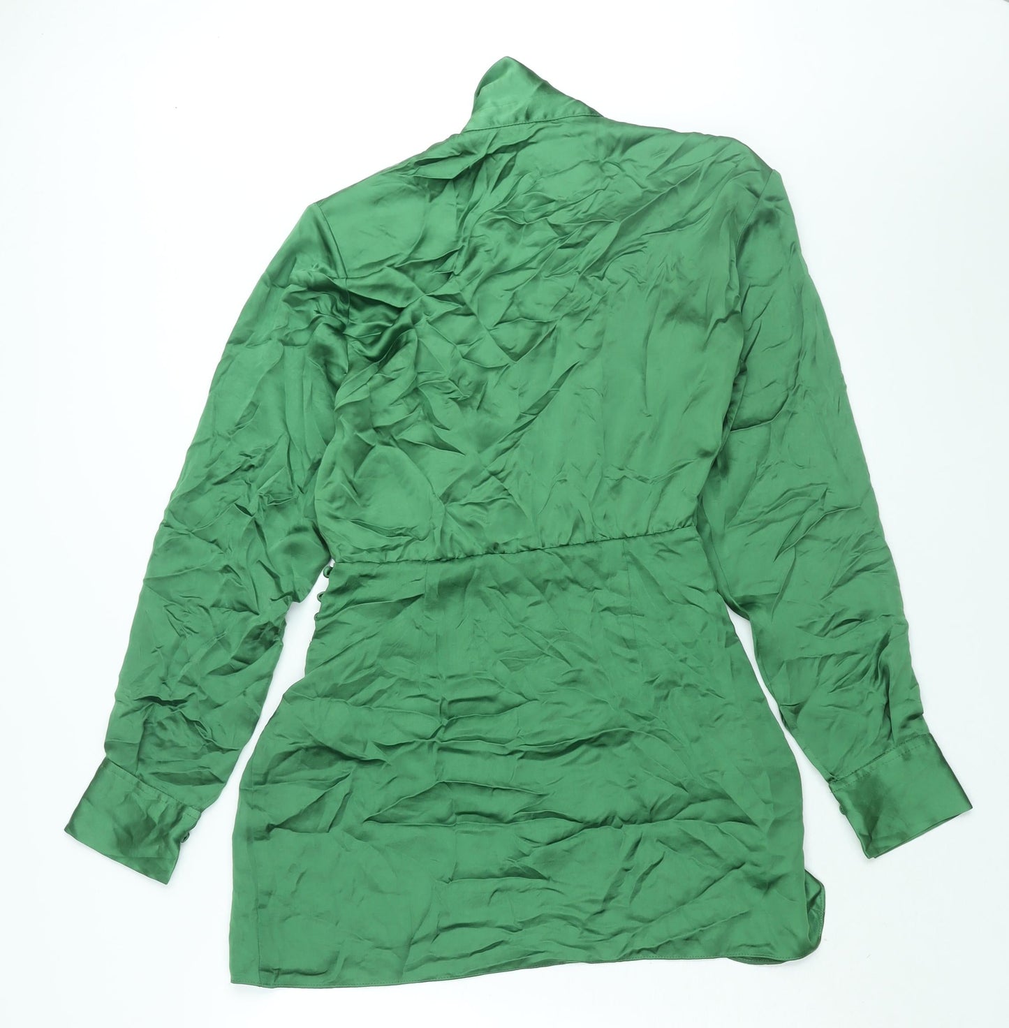 Zara Womens Green Polyester Shirt Dress Size S Collared Zip - Rouched Button