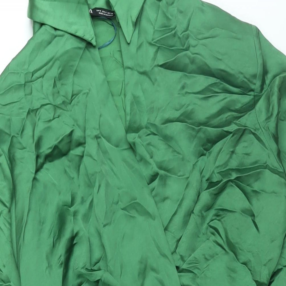 Zara Womens Green Polyester Shirt Dress Size S Collared Zip - Rouched Button