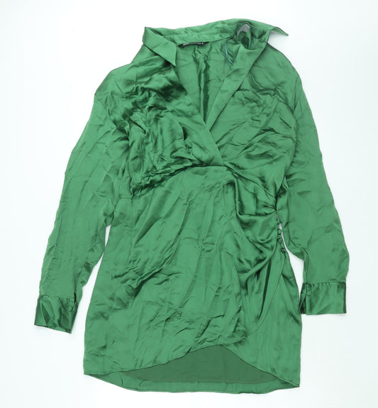 Zara Womens Green Polyester Shirt Dress Size XL Collared Zip - Rouched Button