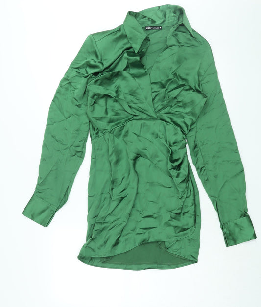 Zara Womens Green Polyester Shirt Dress Size XS Collared Zip - Rouched Button