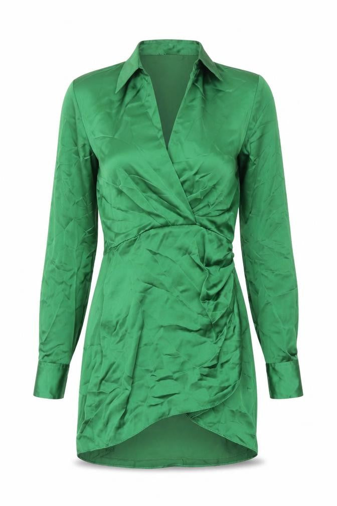 Zara Womens Green Polyester Shirt Dress Size XS Collared Zip - Rouched Button