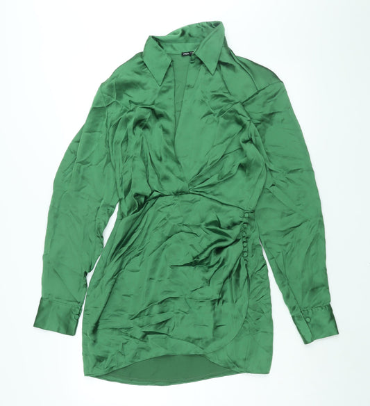 Zara Womens Green Polyester Shirt Dress Size M Collared Zip - Rouched Button