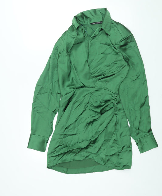 Zara Womens Green Polyester Shirt Dress Size XS Collared Zip - Rouched Button