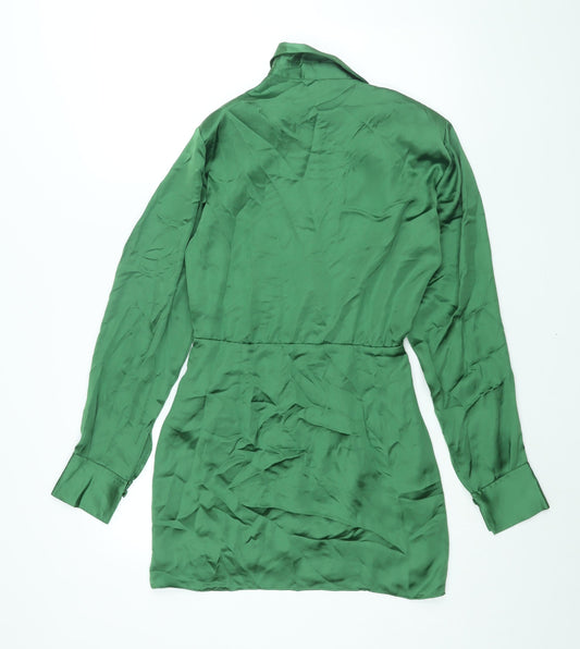 Zara Womens Green Polyester Shirt Dress Size XS Collared Zip - Rouched Button