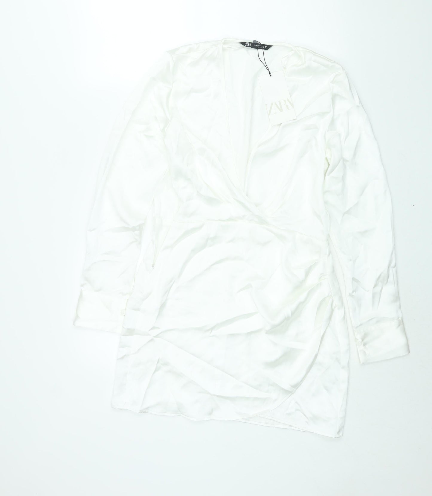 Zara Womens White Polyester Shift Size M V-Neck Zip - Rouched