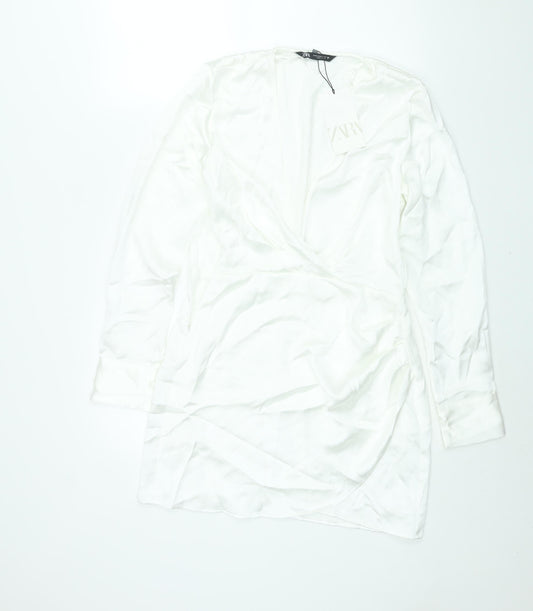 Zara Womens White Polyester Shift Size M V-Neck Zip - Rouched