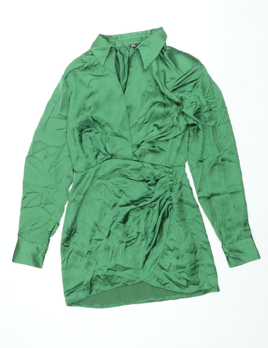 Zara Womens Green Polyester Shirt Dress Size S Collared Zip - Rouched Button