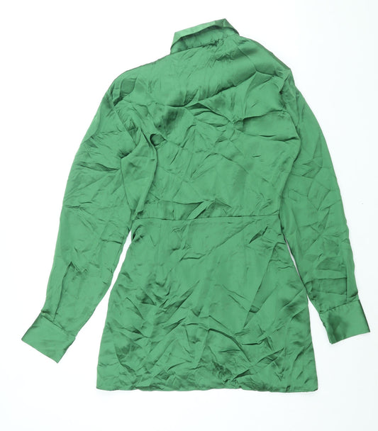 Zara Womens Green Polyester Shirt Dress Size S Collared Zip - Rouched Button